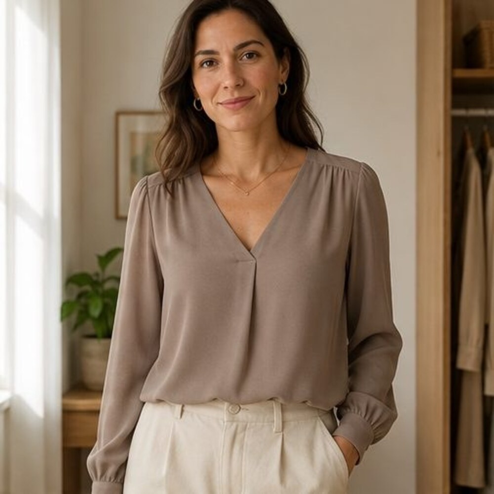 Taupe Crepe V Neck Blouse - Picture 2 of 6